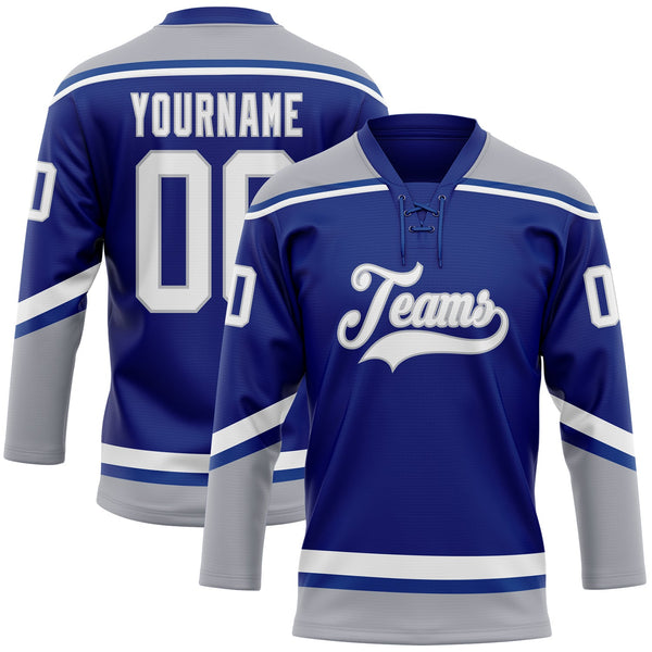 Custom Hockey Jersey - Royal White-Gray Lace Neck