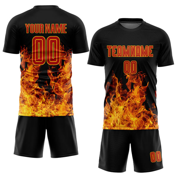 Custom Soccer Jersey - Black Red-Gold Flame Sublimation Uniform