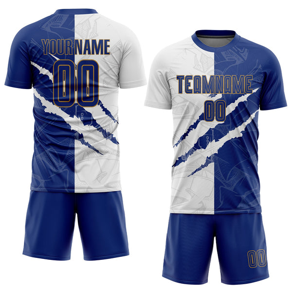 Custom Soccer Jersey - Graffiti Pattern Royal White-Old Gold Scratch Sublimation Uniform