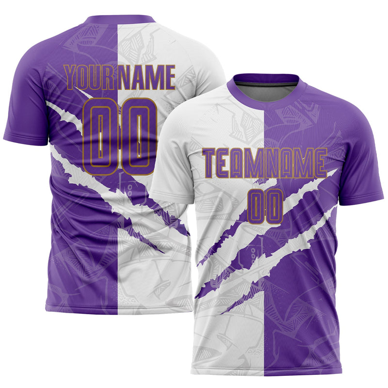 Custom Soccer Jersey - Graffiti Pattern Purple White-Old Gold Scratch Sublimation Uniform
