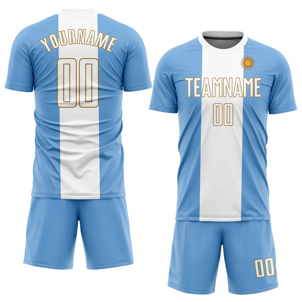Custom Soccer Jersey - Light Blue White-Old Gold Sublimation Argentinian Flag Uniform