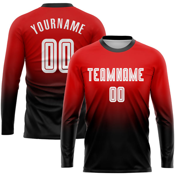 Custom Soccer Jersey - Red White-Black Sublimation Long Sleeve Fade Fashion Uniform
