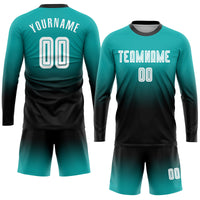 Custom Soccer Jersey - Aqua White-Black Sublimation Long Sleeve Fade Fashion Uniform