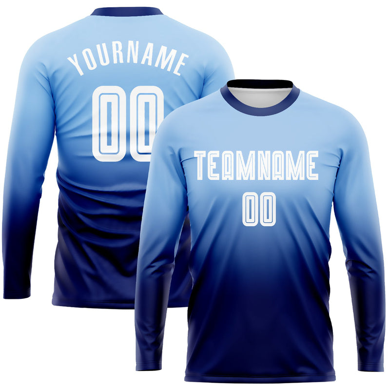 Custom Soccer Jersey - Light Blue White-Navy Sublimation Long Sleeve Fade Fashion Uniform