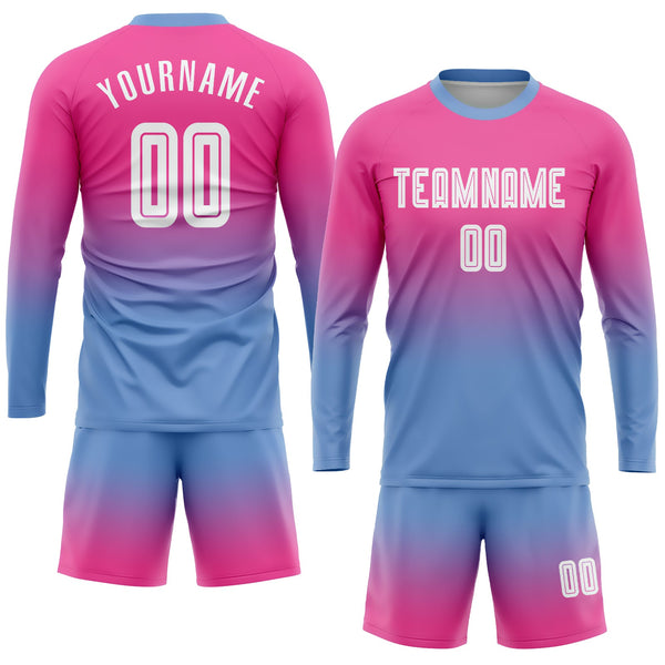 Custom Soccer Jersey - Pink White-Light Blue Sublimation Long Sleeve Fade Fashion Uniform