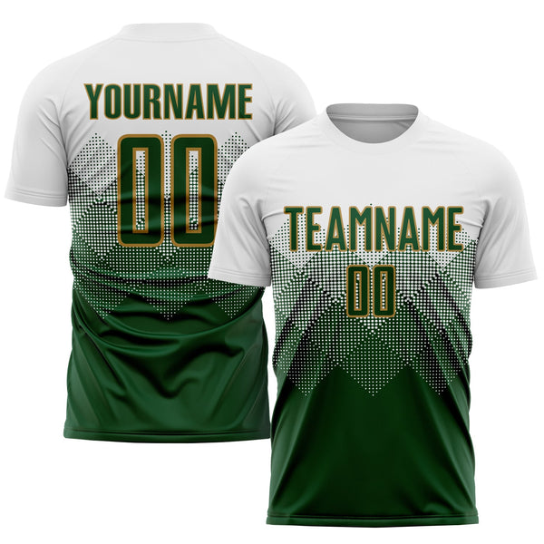 Custom Soccer Jersey - White Green-Old Gold Sublimation Uniform
