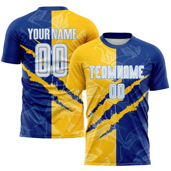 Custom Soccer Jersey - Graffiti Pattern White Royal Yellow-Light Blue Scratch Sublimation Uniform