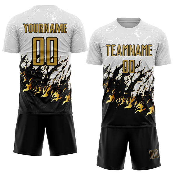 Custom Soccer Jersey - White Old Gold-Black Flame Sublimation Uniform