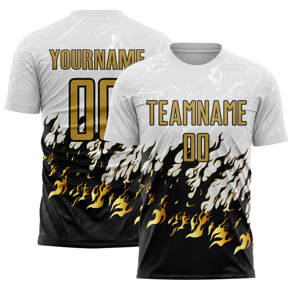 Custom Soccer Jersey - White Old Gold-Black Flame Sublimation Uniform