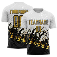 Custom Soccer Jersey - White Old Gold-Black Flame Sublimation Uniform
