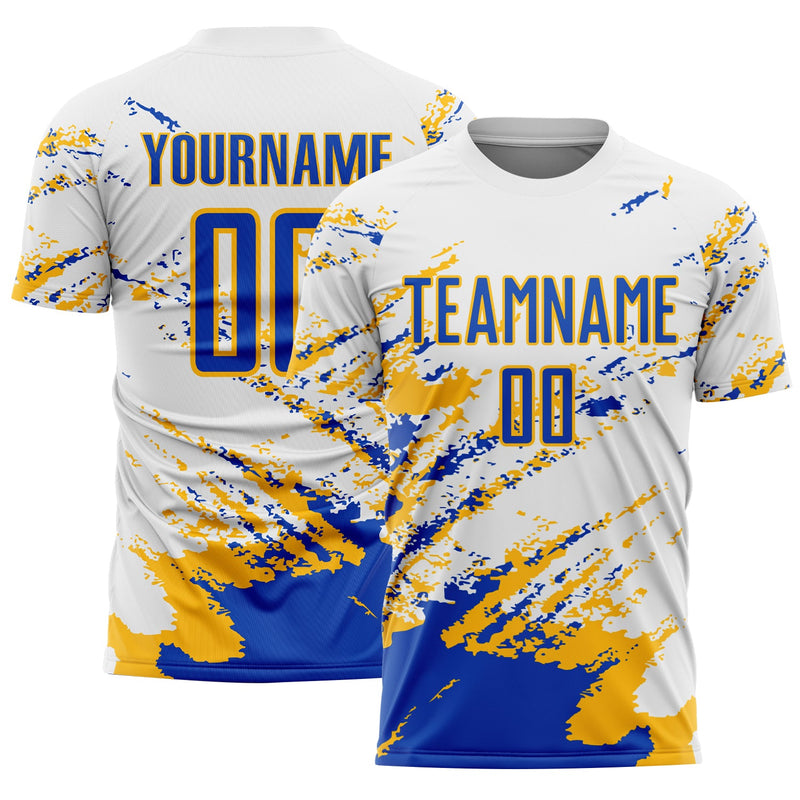 Custom Soccer Jersey - White Thunder Blue-Gold Abstract Fragment Art Splash Sublimation Uniform