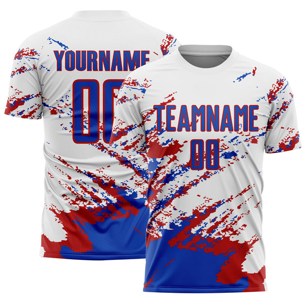 Custom Soccer Jersey - White Thunder Blue-Red Abstract Fragment Art Splash Sublimation Uniform