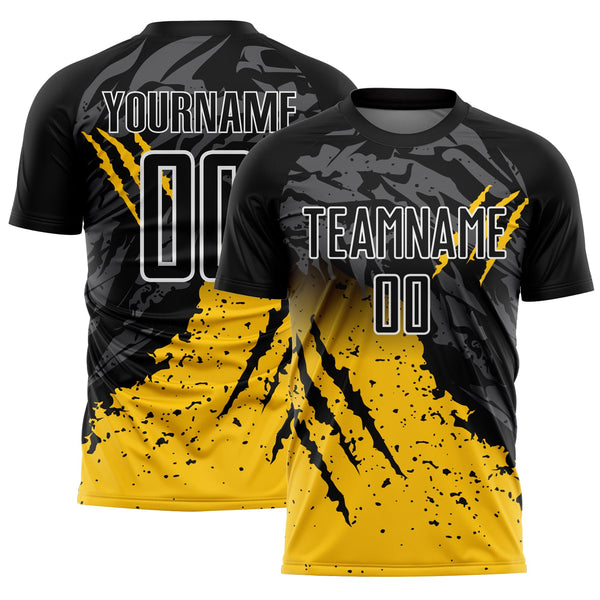 Custom Soccer Jersey - Black Yellow-White Gradient Scratch Splash Sublimation Uniform