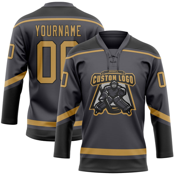 Custom Hockey Jersey - Steel Gray Old Gold-Black Lace Neck