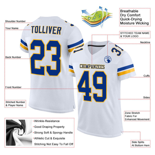 Custom Football Jersey - White Royal-Gold Mesh Authentic
