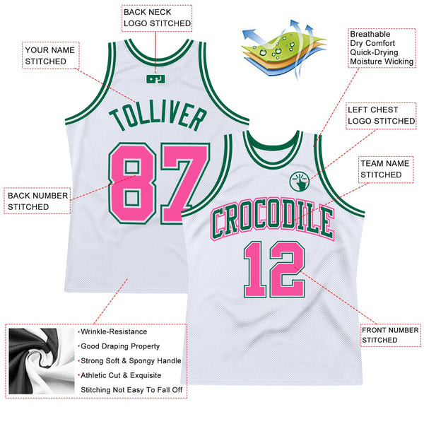 Custom Basketball Jersey - White Pink-Kelly Green Authentic Throwback