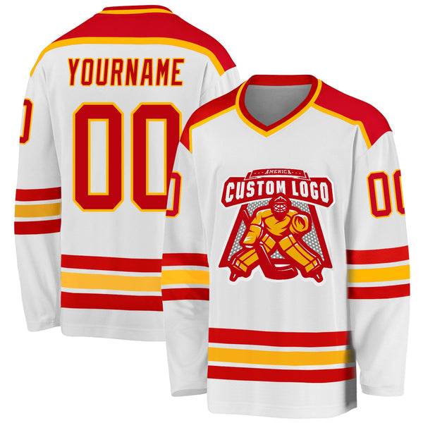 Custom Hockey Jersey - White Red-Gold