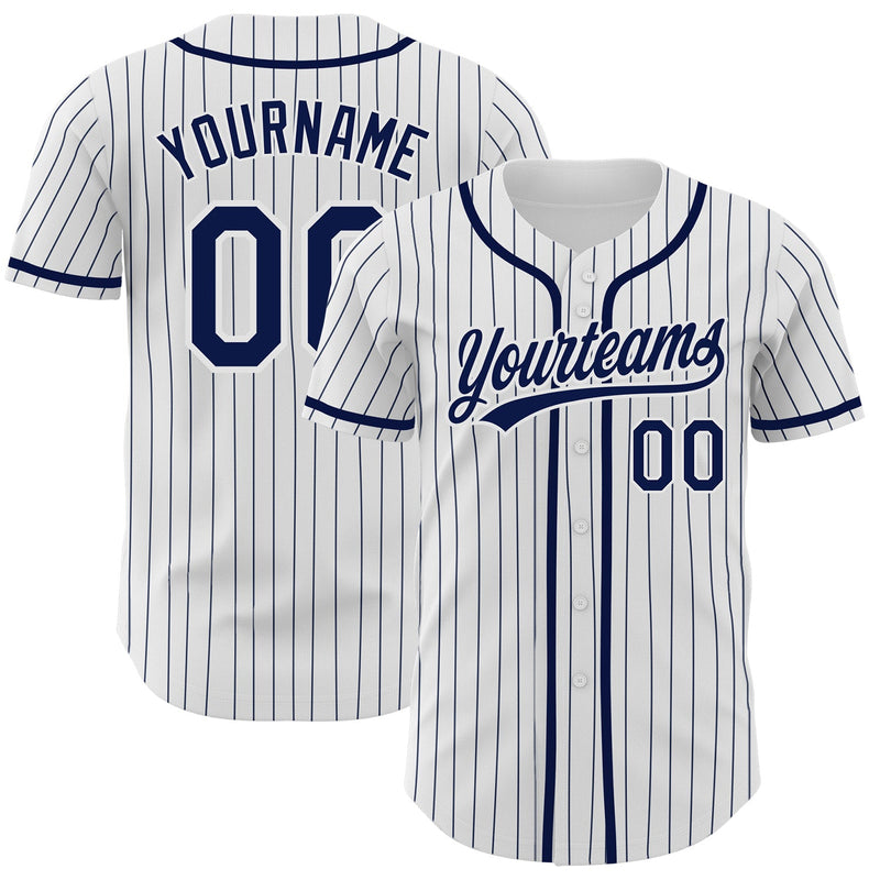 Custom Baseball Jersey - White Navy Pinstripe Navy Authentic