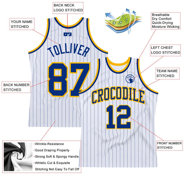 Custom Basketball Jersey - White Royal Pinstripe Royal-Gold Authentic
