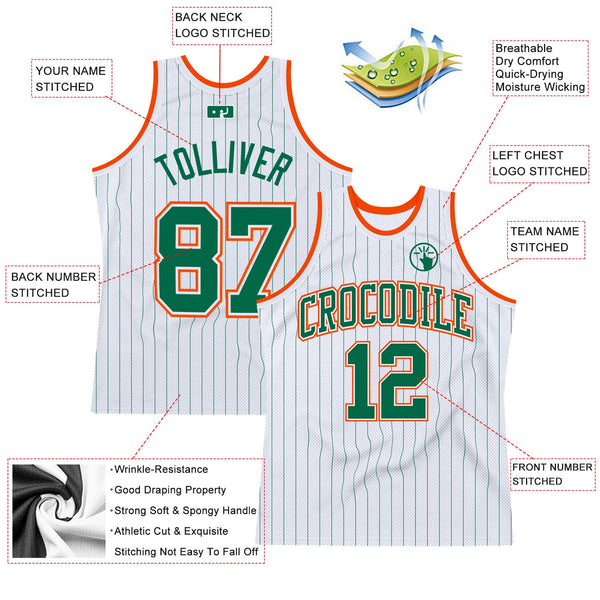 Custom Basketball Jersey - White Kelly Green Pinstripe Kelly Green-Orange Authentic