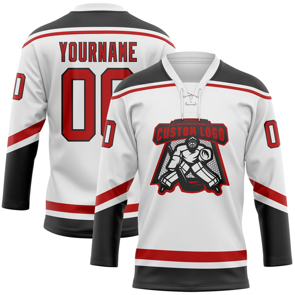 Custom Hockey Jersey - White Red-Black Lace Neck