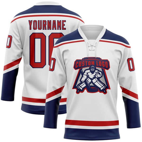 Custom Hockey Jersey - White Red-Navy Lace Neck