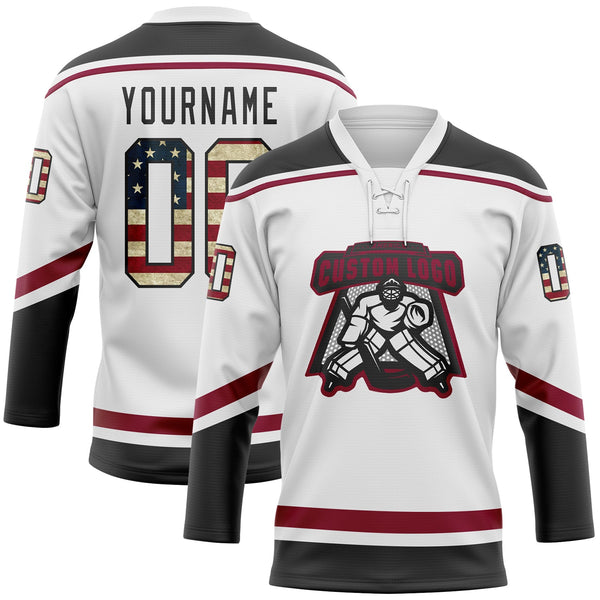 Custom Hockey Jersey - White Vintage USA Flag Black-Maroon Lace Neck