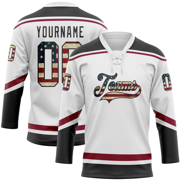 Custom Hockey Jersey - White Vintage USA Flag Black-Maroon Lace Neck