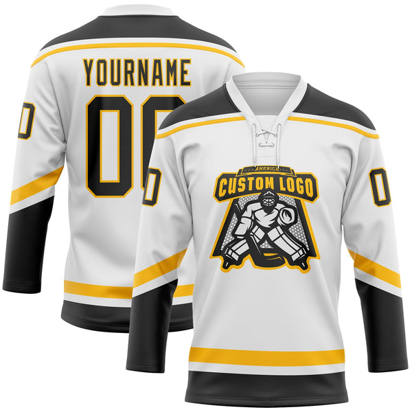 Custom Hockey Jersey - White Black-Gold Lace Neck