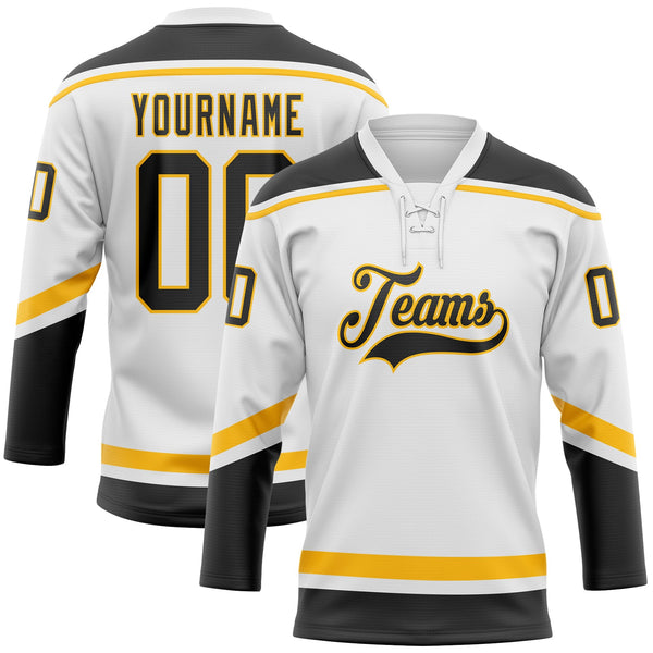 Custom Hockey Jersey - White Black-Gold Lace Neck