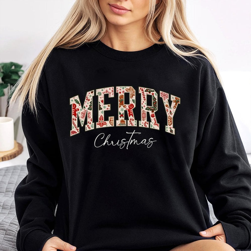 Retro Holiday Pattern Lettering Crewneck, Merry Christmas Sweatshirt, Vintage Festive Xmas Pullover, Comfy Family Matching Holiday Sweater