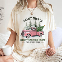 Pink Vintage Truck T-Shirt, Saint Nick's Christmas Tree Farm T-Shirt, Retro Holiday Farm Graphic T-Shirt, Adorable Xmas Tree Tee, Winter Present