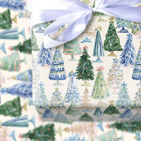 Watercolor Blue White Holiday Gift Wrap, Chinoiserie Christmas Tree Wrapping Paper, Elegant Festive Tree Wrapping Paper, Xmas Gift Wrap