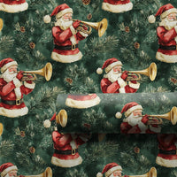 Musical Christmas Gift Wrap, Vintage Santa Trumpet Wrapping Paper, Pine Branch Holiday Present Paper, Dark Green Xmas Gift Wrap