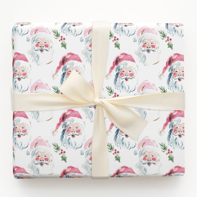 Adorable Christmas Face Gift Wrap, Watercolor Santa Holly Wrapping Paper, Festive Red Berry Holiday Wrapping Paper, Xmas Present Wrapping Paper