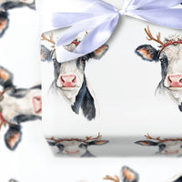 Watercolor Reindeer Antlers Gift Wrap, Christmas Cow Wrapping Paper, Farmhouse Holiday Wrapping Paper, Rustic Xmas Gift Wrap Roll