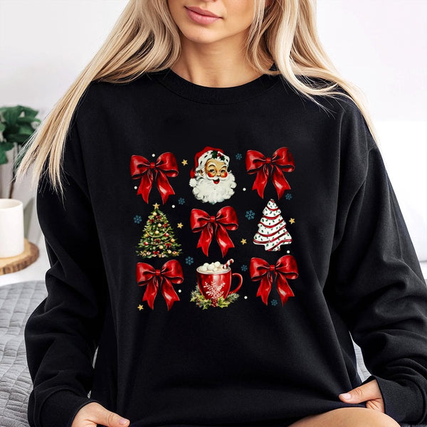 Red Bows Holiday Sweatshirt, Retro Santa Christmas Sweatshirt, Vintage Adorable Santa Graphic Crewneck, Festive Xmas Sweatshi