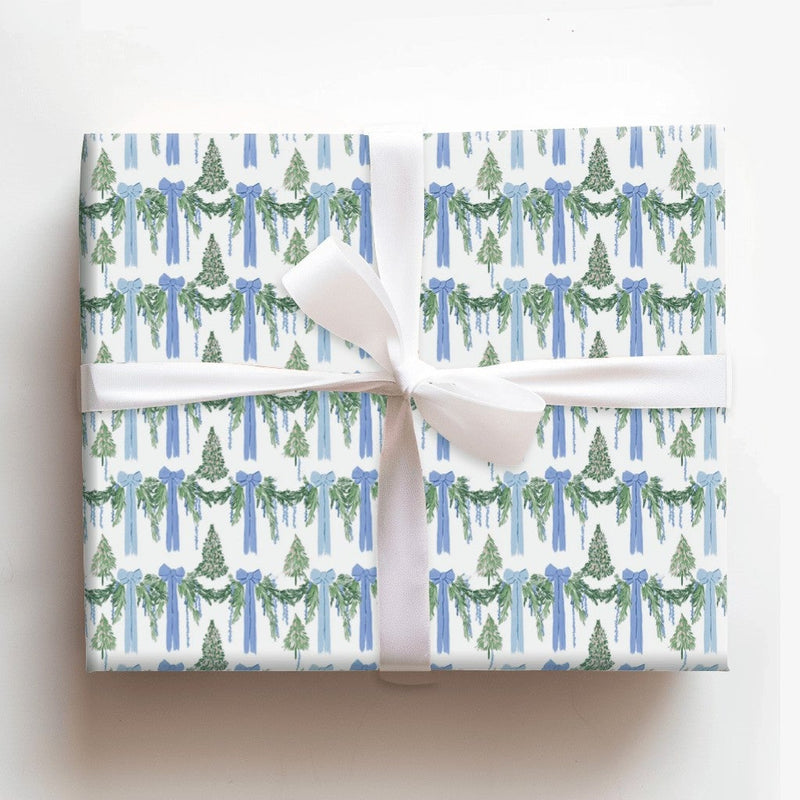 Watercolor Blue Bows Green Garland Gift Wrap, Christmas Wrapping Paper, Elegant Holiday Present Paper, Festive Christmas Wrapping Paper Roll