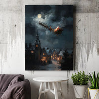 Snowy Christmas Village Canvas Wall Art, Santa Sleigh Canvas Print, Winter Night Holiday Canvas Decor, Festive Xmas Eve Wall Artwork