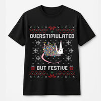 Ugly Christmas Sweater Graphic Tee, Overstimulated but Festive Opossum T-Shirt, Humorous Holiday Possum Shirt, Adorable Xmas Graphic T-Shirt