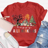 Halloween Fall Christmas Shirt, Hallothanksmas T-Shirt, Humorous Holiday Season Graphic Tee, Adorable Autumn Xmas T-Shirt, Present for Him and Her
