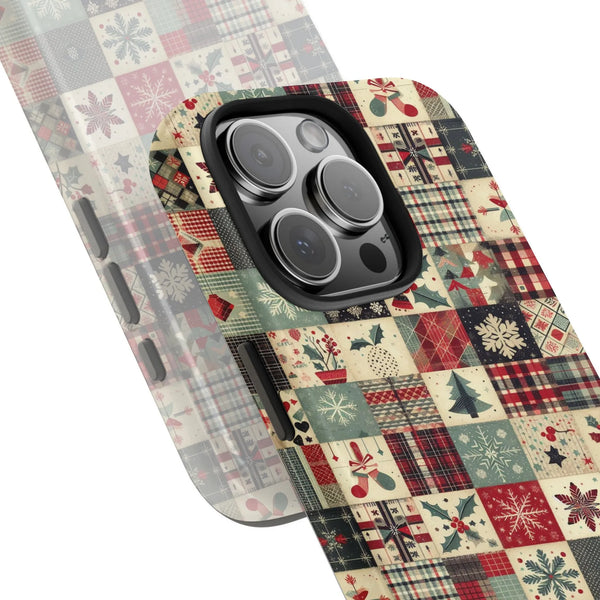 Holiday Quilt Pattern Phone Cover, Vintage Christmas Patchwork iPhone Case, Retro Winter Festive Phone Case, Dual Layer Xmas 