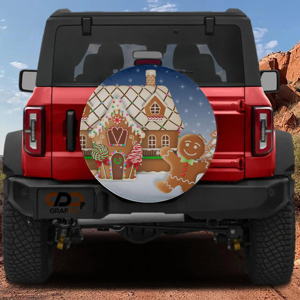 Festive Holiday Candy Wheel Cover, Christmas Gingerbread House Spare Tire Cover, Winter Xmas Tire Cover for Jeep Bronco SUV