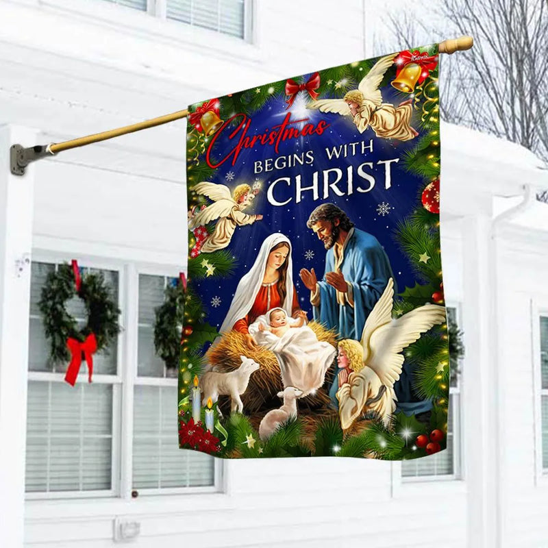 Nativity Scene Holy Family Lawn Flag, Christmas Begins with Christ Garden Flag, Double-Sided Christian Holiday Yard Decor, Jesus Banner