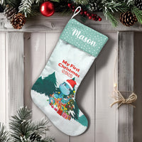 Dinosaur Santa Hat Christmas Stocking, Personalized Baby First Christmas Stocking, Adorable Dino Holiday Stocking, Baby First Xmas Keepsake Present