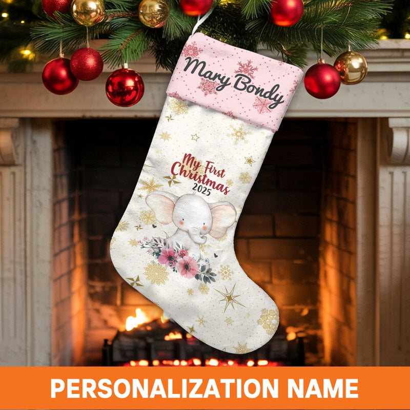 First Christmas 2025 Stocking, Baby Elephant Christmas Stocking, Personalized Baby Holiday Stocking, Adorable Keepsake Stocking, Newborn Present