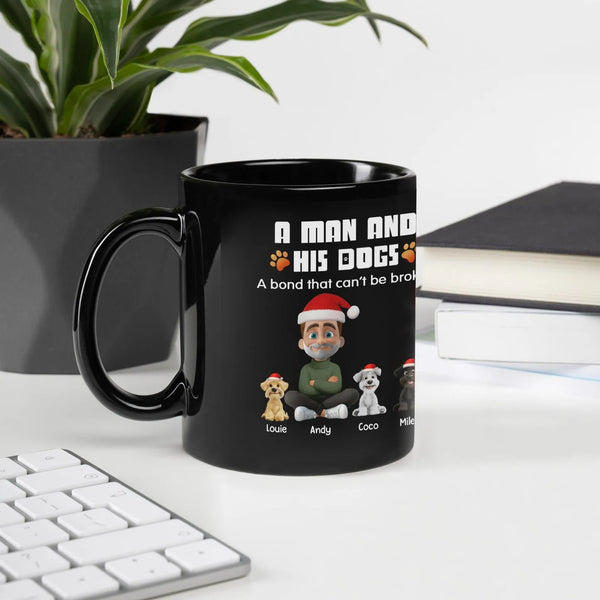 Cartoon Man and Dogs Santa Hats Coffee Mug, Custom Dog Dad Christmas Mug, Personalized Holiday Pet Cup, Christmas Present for