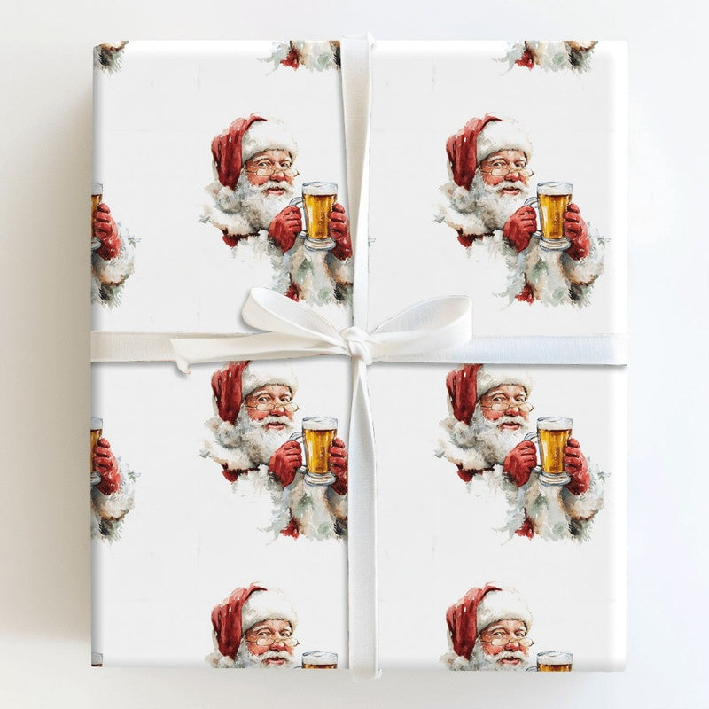 Humorous Beer Mug Holiday Gift Wrap, Beer Drinking Santa Wrapping Paper, Watercolor Santa Beer Wrapping Paper, Adult Christmas Wrapping Paper