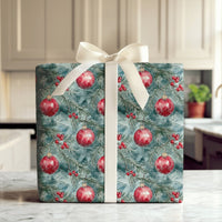 Pine Branch Christmas Gift Wrap, Watercolor Red Ornament Wrapping Paper, Holly Berry Wrapping Paper, Snowy Winter Holiday Wrapping Paper