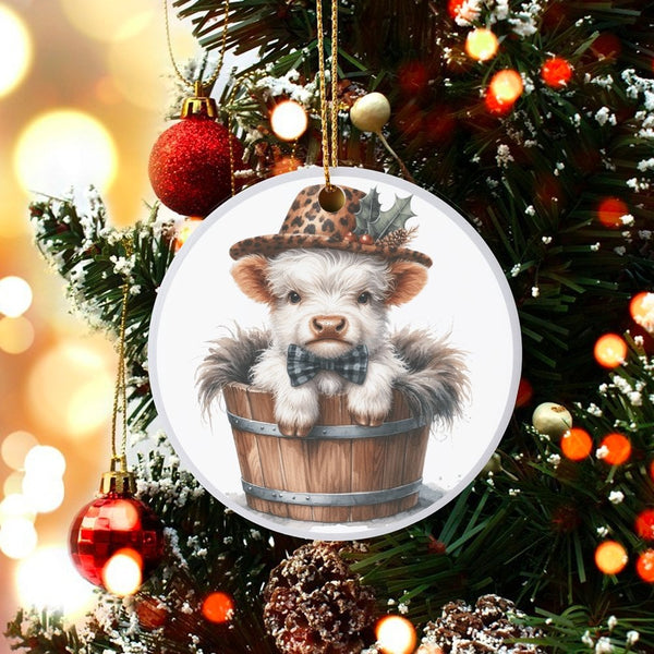 Leopard Print Plaid Bow Cow Ornament, Baby Highland Cow Christmas Ornament, Farmhouse Holiday Tree Ornament, Adorable Animal 